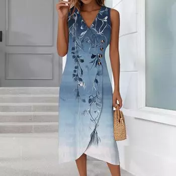 Женское повседневное платье без рукавов с V-образным вырезом, весна/лето, на пуговицах, с принтом в стиле ретро XL синий