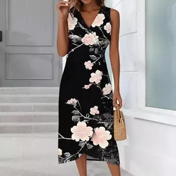 Женское повседневное платье без рукавов с V-образным вырезом, весна/лето, на пуговицах, с принтом в стиле ретро L чёрный