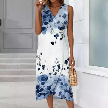 Женское повседневное платье без рукавов с V-образным вырезом, весна/лето, на пуговицах, с принтом в стиле ретро XXL синий