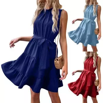 Женское повседневное платье без рукавов с Т-образным вырезом и ремнем на талии L