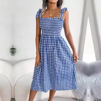 Женское повседневное платье без рукавов с лямкой на шее и лямкой на шнуровке, контрастное клетчатое длинное платье с высокой талией, S-XL S красный