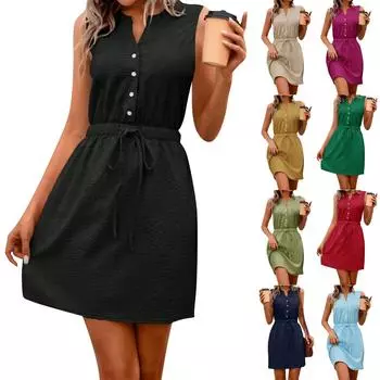 Женское повседневное платье без рукавов с v-образным вырезом и завязками на талии XL чёрный