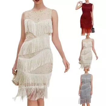 Женское повседневное платье без рукавов с блестками и бусинами, без рукавов, без рукавов L бежевый