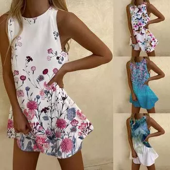 Женское повседневное платье без рукавов с зубчатой отделкой и принтом весна/лето XL синий