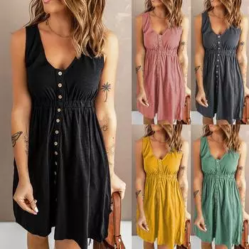 Женское повседневное платье без рукавов с v-образным вырезом на пуговицах, летние платья трапециевидной формы с эластичной резинкой на талии M чёрный