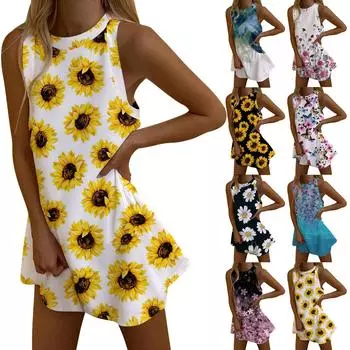 Женское повседневное платье без рукавов с зубчатой отделкой и принтом весна/лето M бежевый