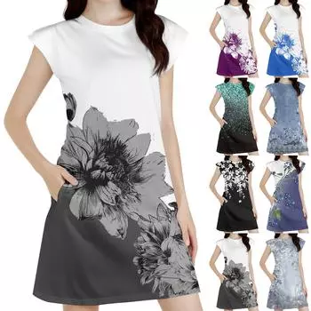 Женское повседневное платье без рукавов с цветочным принтом и круглым вырезом XXL