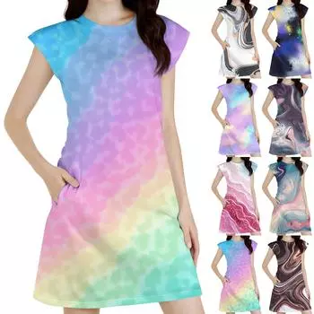 Женское повседневное платье без рукавов с градиентным принтом и круглым вырезом S