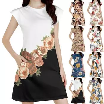 Женское повседневное платье без рукавов с цветочным принтом и круглым вырезом M