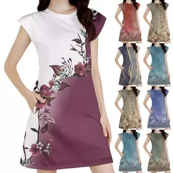 Женское повседневное платье без рукавов с цветочным принтом и круглым вырезом XXXL винный