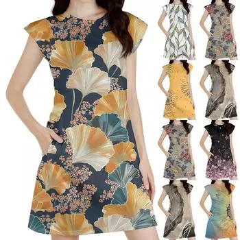 Женское повседневное платье без рукавов с цветочным принтом и круглым вырезом L белый