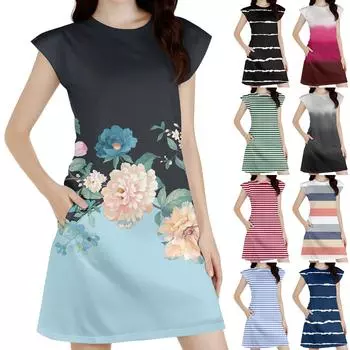 Женское повседневное платье без рукавов с цветочным принтом и круглым вырезом L чёрный