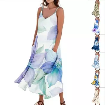 Женское повседневное платье без рукавов с цветочным принтом и карманами L синий