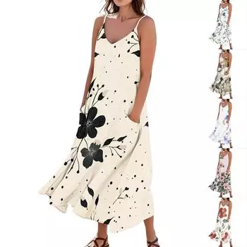 Женское повседневное платье без рукавов с цветочным принтом и карманами M белый