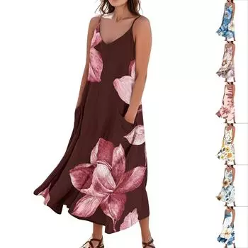 Женское повседневное платье без рукавов с цветочным принтом и карманами S бежевый