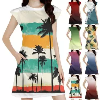 Женское повседневное платье без рукавов с цветочным принтом и круглым вырезом M