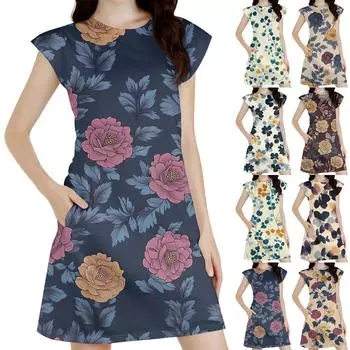 Женское повседневное платье без рукавов с цветочным принтом и круглым вырезом M