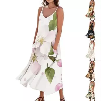 Женское повседневное платье без рукавов с цветочным принтом и карманами M коричневый