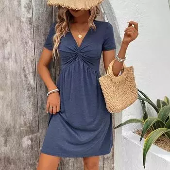 Женское повседневное платье-боди с узлом, коротким рукавом и V-образным вырезом, однотонное S