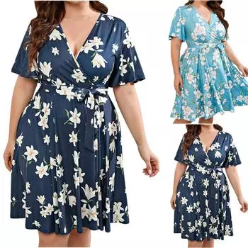 Женское повседневное платье больших размеров с v-образным вырезом и короткими рукавами в стиле бохо, свободное платье с поясом L темно-синий