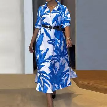 Женское повседневное платье больших размеров с длинным рукавом и принтом M синий