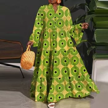 Женское повседневное платье больших размеров с воротником-стойкой и длинными рукавами с принтом S зелёный