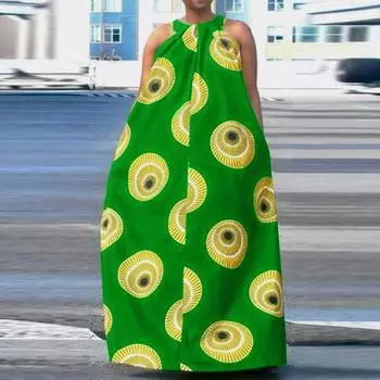 Женское повседневное платье больших размеров с бретелью через шею и принтом без рукавов свободное платье M зелёный
