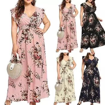 Женское повседневное платье больших размеров с v-образным вырезом и оборками и цветочным принтом, длинное L розовый