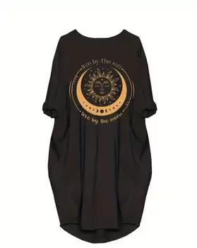 Женское повседневное платье больших размеров с принтом «Луна и солнце», закатанными рукавами и карманами — удобное и стильное 1XL чёрный