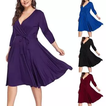 Женское повседневное платье больших размеров с v-образным вырезом, однотонное, с рукавом семь четвертей, на талии XXL красный