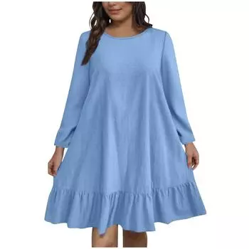 Женское повседневное платье большого размера, модное, однотонное, с круглым вырезом и длинными рукавами XXXL