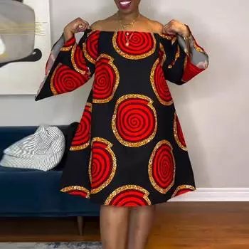 Женское повседневное платье большого размера с открытыми плечами и длинными рукавами с принтом M красный