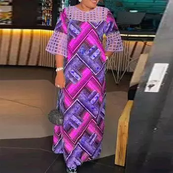 Женское повседневное платье большого размера с круглым вырезом, расклешенным коротким рукавом и принтом M зелёный