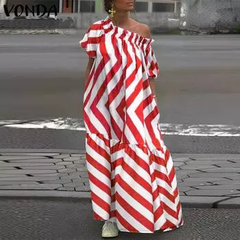 Женское повседневное платье большого размера с открытыми плечами и коротким рукавом в полоску с принтом свободного кроя