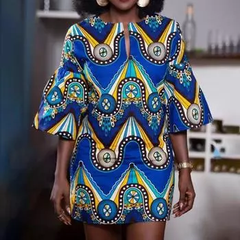 Женское повседневное платье большого размера с круглым вырезом, расклешенным длинным рукавом и принтом M синий