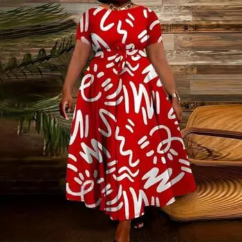 Женское повседневное платье большого размера с круглым вырезом и коротким рукавом на талии с принтом M красный