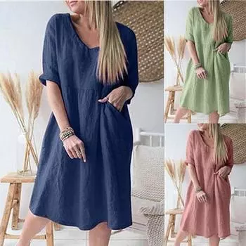 Женское повседневное платье Цветное платье с рукавами три четверти с v-образным вырезом длиной до колена L зелёный