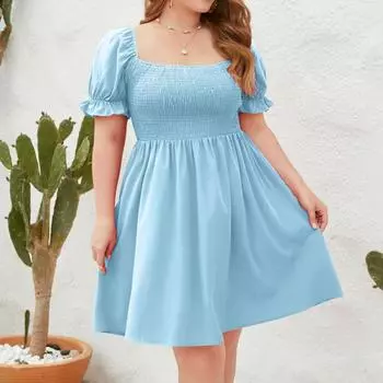 Женское повседневное платье для отпуска больших размеров, однотонное, с квадратным воротником и рукавами-фонариками XXXL