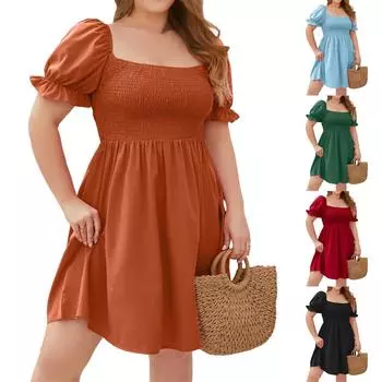 Женское повседневное платье для отпуска больших размеров, однотонное, с квадратным воротником и рукавами-фонариками L чёрный