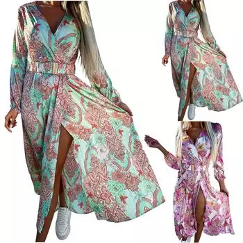 Женское повседневное платье до середины икры с длинным рукавом и принтом лепестков, с v-образным вырезом и принтом L зелёный