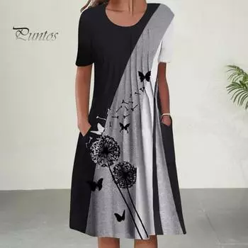 Женское повседневное платье-футболка, летнее платье-трапеция с коротким рукавом, плиссированное платье миди с цветочным принтом, круглым вырезом и карманом M чёрный