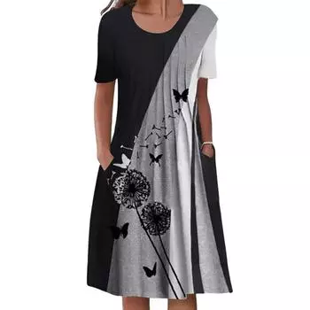 Женское повседневное платье-футболка, летнее платье-трапеция с коротким рукавом и цветочным принтом M чёрный