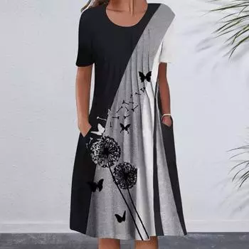 Женское повседневное платье-футболка, летнее платье-трапеция с коротким рукавом, плиссированное платье миди с цветочным принтом, круглым вырезом и карманом M чёрный