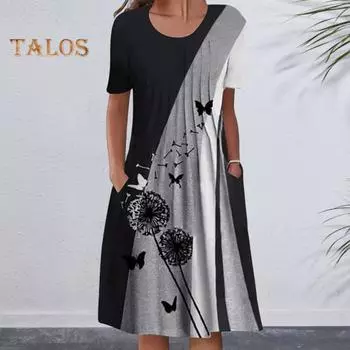 Женское повседневное платье-футболка, летнее платье-трапеция с коротким рукавом, плиссированное платье миди с цветочным принтом, круглым вырезом и карманом M чёрный