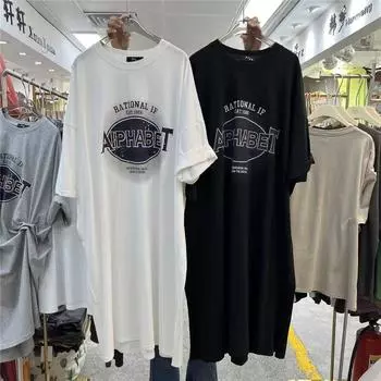 Женское повседневное платье-футболка с круглым вырезом и короткими рукавами, свободное платье больших размеров средней длины, выше колена, летнее платье M чёрный