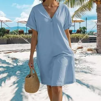 Женское повседневное платье-футболка с V-образным вырезом и коротким рукавом, свободное платье, летний пляжный сарафан для путешествий и отпуска S хаки