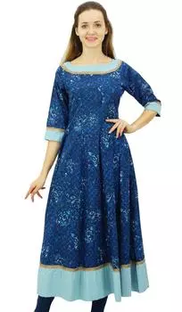 Женское повседневное платье из хлопка с принтом Bimba Kurta из этнического хлопка Anarkali Kurti из Болливуда | Темно-синий| 10 темно-синий