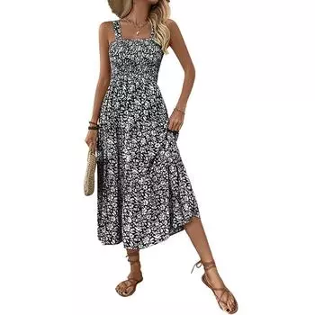 Женское повседневное платье-камисоль, средней длины, без рукавов, с эластичной талией, с принтом S