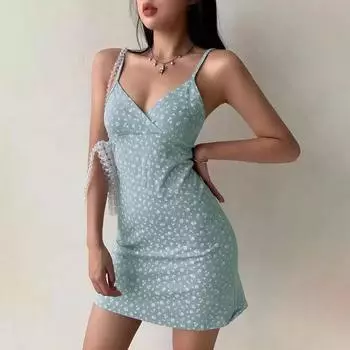 Женское повседневное платье-комбинация с V-образным вырезом и небольшим цветочным принтом в стиле ретро L