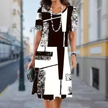 Женское повседневное платье, летнее черно-белое платье с принтом пикселей для женщин, платье с коротким рукавом и круглым вырезом, размер плюс XS чёрный